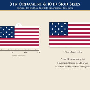 May include: A 3-inch ornament and 10-inch sign featuring the Betsy Ross flag design with thirteen red and white stripes and a blue canton with thirteen white stars. The ornament includes a hanging tab and hole. Text includes 3 IN ORNAMENT & 10 IN SIGN SIZES.