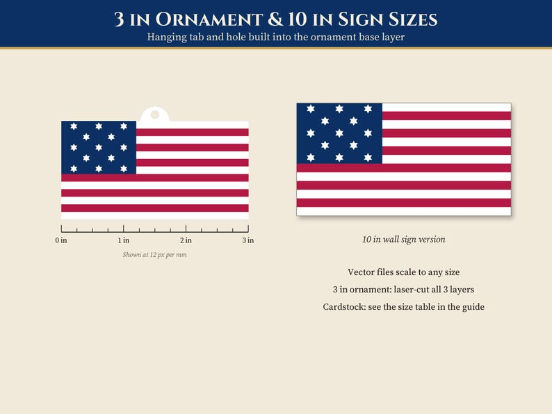 May include: A 3-inch ornament and 10-inch sign featuring the Betsy Ross flag design with thirteen red and white stripes and a blue canton with thirteen white stars. The ornament includes a hanging tab and hole. Text includes 3 IN ORNAMENT & 10 IN SIGN SIZES.
