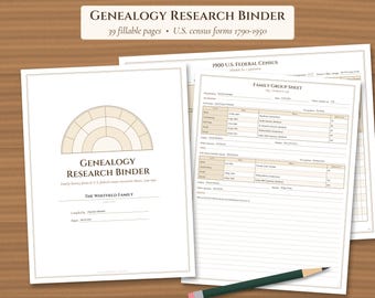 Genealogy Research Binder Printable, Fillable Family History Forms, US Census Forms 1790-1950, Family Group Sheet, Pedigree Chart