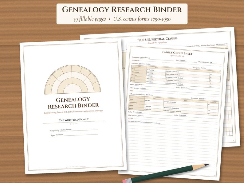 Genealogy Research Binder Printable, Fillable Family History Forms, US Census Forms 1790-1950, Family Group Sheet, Pedigree Chart imagen 1