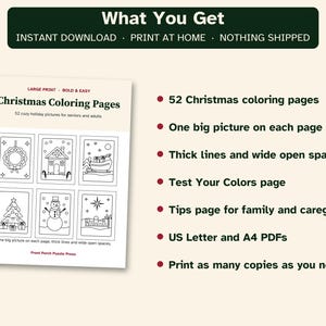 May include: A digital collection of 52 Christmas coloring pages featuring large print, bold and easy designs. The document includes holiday illustrations like wreaths, houses, sleighs, trees, and snowmen, plus a test your colors page.