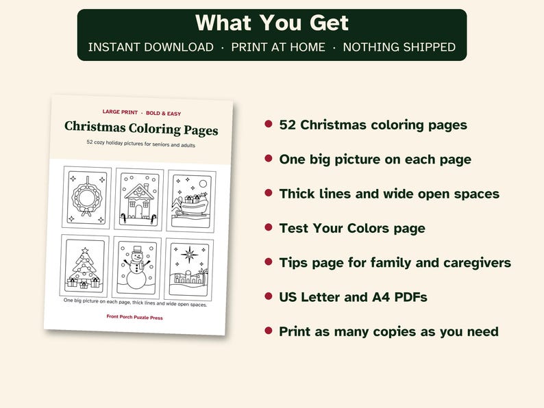 May include: A digital collection of 52 Christmas coloring pages featuring large print, bold and easy designs. The document includes holiday illustrations like wreaths, houses, sleighs, trees, and snowmen, plus a test your colors page.