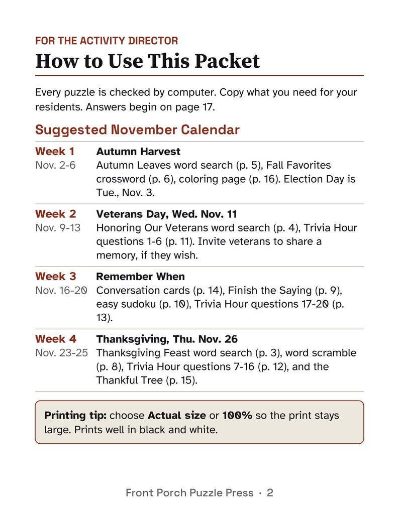 5 Months of Large Print Activity Packets for Seniors, November to March Bundle, Activity Director Puzzles image 3