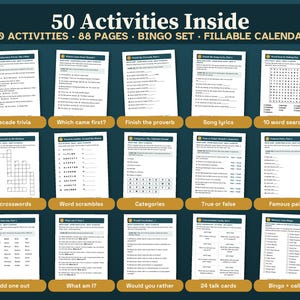 May include: A collection of activity sheets titled 50 Activities Inside, featuring 88 pages, a bingo set, and a fillable calendar. The sheets include decade trivia, word searches, crosswords, word scrambles, categories, true or false, and talk cards.