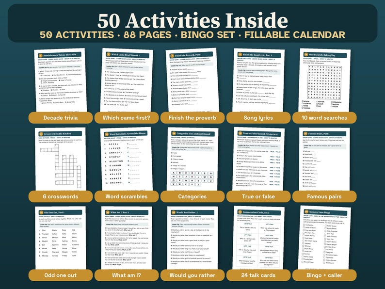 May include: A collection of activity sheets titled 50 Activities Inside, featuring 88 pages, a bingo set, and a fillable calendar. The sheets include decade trivia, word searches, crosswords, word scrambles, categories, true or false, and talk cards.