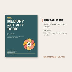May include: A teal activity book cover titled Memory Activity Book for Seniors with a floral graphic. Text includes Large Print, 12 friendly topics, big easy-to-read print, and answers included. The side text specifies Printable PDF, 104 pages, and US Letter.