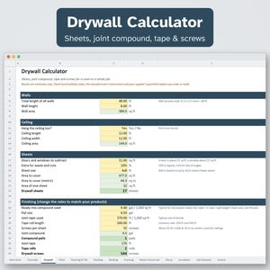 K&ouml;nnte beinhalten: Eine digitale Tabellenkalkulation mit dem Titel Drywall Calculator zur Berechnung von Platten, Fugenmasse, Band und Schrauben. Die Oberfl&auml;che enth&auml;lt Eingabefelder f&uuml;r Wand- und Deckenma&szlig;e zur Ermittlung von Fl&auml;chen und Materialmengen.