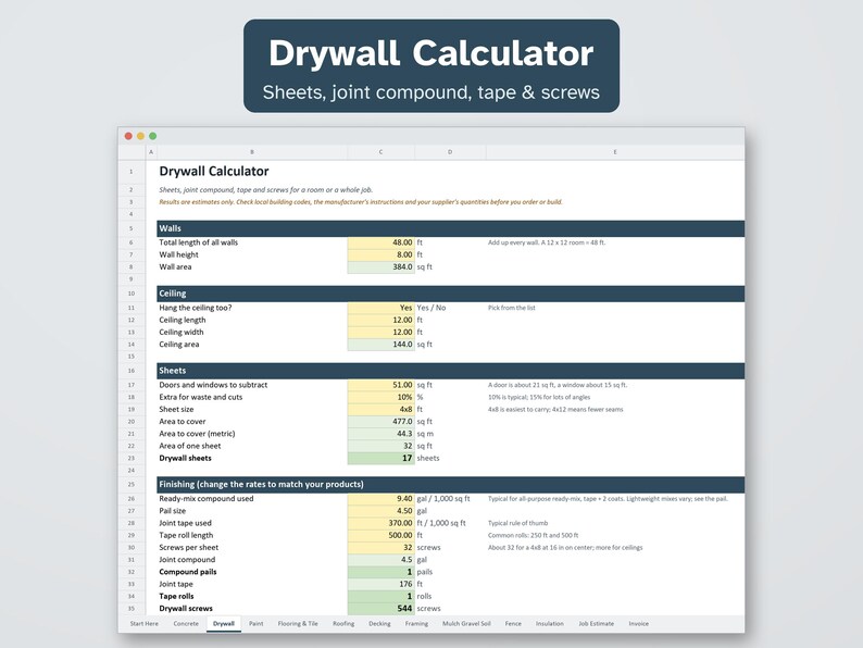 K&ouml;nnte beinhalten: Eine digitale Tabellenkalkulation mit dem Titel Drywall Calculator zur Berechnung von Platten, Fugenmasse, Band und Schrauben. Die Oberfl&auml;che enth&auml;lt Eingabefelder f&uuml;r Wand- und Deckenma&szlig;e zur Ermittlung von Fl&auml;chen und Materialmengen.