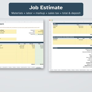 K&ouml;nnte beinhalten: Eine digitale Tabellenvorlage f&uuml;r Kostenvoranschl&auml;ge mit zwei Ansichten nebeneinander. Die linke Seite enth&auml;lt Felder f&uuml;r Gesch&auml;ftsinformationen, Kundendaten und eine Materialliste. Die rechte Seite f&uuml;hrt Arbeitskosten, sonstige Ausgaben und eine Zusammenfassung auf.