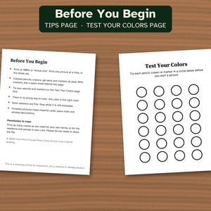May include: Two white printable sheets with black text and graphics. The left sheet is titled Before You Begin with instructions. The right sheet is titled Test Your Colors and features a grid of twenty-four empty black circles for testing.