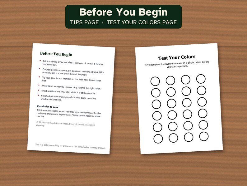 May include: Two white printable sheets with black text and graphics. The left sheet is titled Before You Begin with instructions. The right sheet is titled Test Your Colors and features a grid of twenty-four empty black circles for testing.