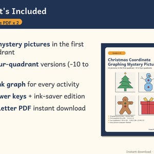 Pu&ograve; includere: Una risorsa educativa digitale intitolata Christmas Coordinate Graphing Mystery Pictures, che include 12 attivit&agrave; di grafici nel primo quadrante, 6 in quattro quadranti, grafici vuoti e chiavi di risposta in un formato PDF di 50 pagine.