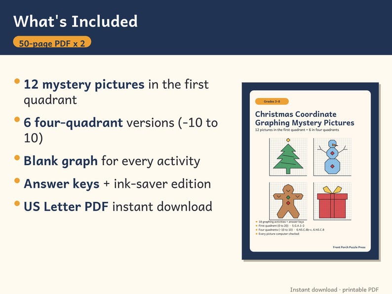 Pu&ograve; includere: Una risorsa educativa digitale intitolata Christmas Coordinate Graphing Mystery Pictures, che include 12 attivit&agrave; di grafici nel primo quadrante, 6 in quattro quadranti, grafici vuoti e chiavi di risposta in un formato PDF di 50 pagine.