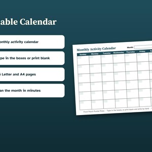 May include: A digital fillable monthly activity calendar template on a dark teal background. The calendar features a grid layout with days of the week, a month field, and text at the bottom reading Front Porch Puzzle Press and US-Letter.