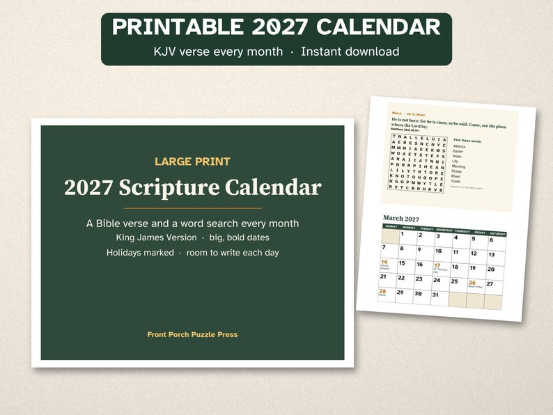 Printable 2027 Bible Verse Calendar, Large Print, KJV Word Search image 1