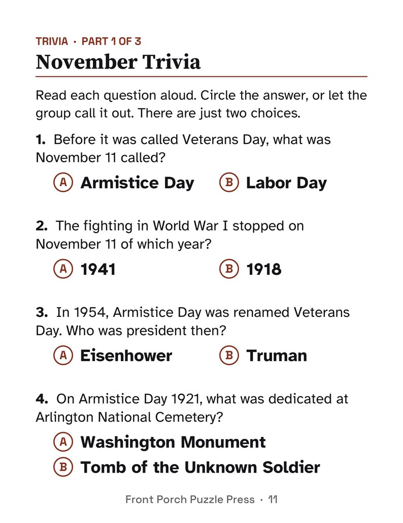 Easy November Activity Packet for Memory Care, Large Print Dementia Activities, Thanksgiving & Veterans Day Puzzles PDF image 4