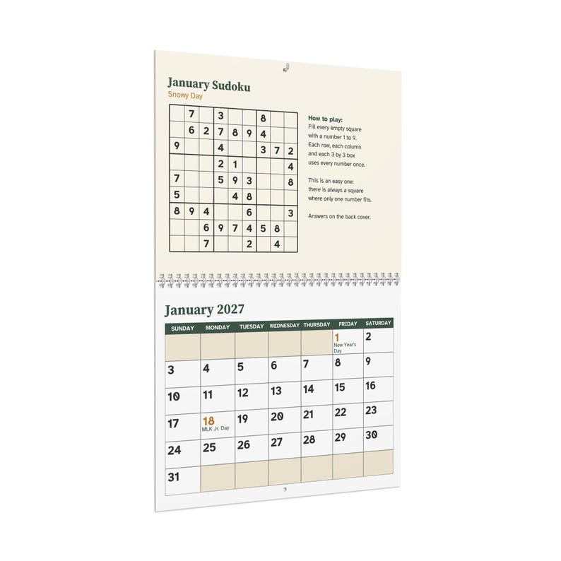 Large Print 2027 Sudoku Wall Calendar, Easy Puzzle Every Month image 3