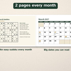 Printable 2027 Calendar, Large Print, Easy Sudoku Every Month image 2
