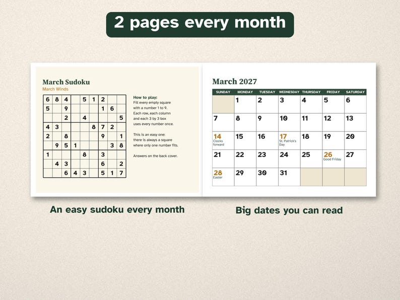Printable 2027 Calendar, Large Print, Easy Sudoku Every Month image 2