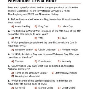 K&ouml;nnte beinhalten: Ein gedrucktes Quizblatt mit dem Titel November Trivia Hour Part 1 of 3. Das Dokument enth&auml;lt sechs Multiple-Choice-Fragen zu Veterans Day, Thanksgiving und November-Geschichte, jeweils mit den Optionen A, B und C. Die Fu&szlig;zeile zeigt Front Porch Puzzle Press und die Website frontporchpuzzlepress.com.