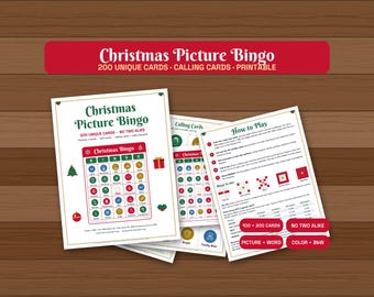 Christmas Picture Bingo, 200 Unique Printable Bingo Cards for Parties