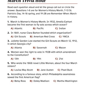 May include: A printed trivia sheet titled March Trivia Hour, Part 1 of 3. The document contains six multiple-choice questions about history, including topics like Amelia Earhart, the American Red Cross, and Little Women, with options A, B, and C.