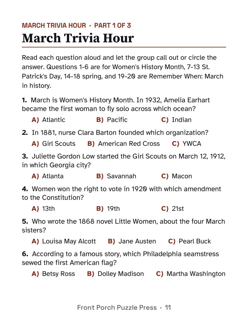 May include: A printed trivia sheet titled March Trivia Hour, Part 1 of 3. The document contains six multiple-choice questions about history, including topics like Amelia Earhart, the American Red Cross, and Little Women, with options A, B, and C.
