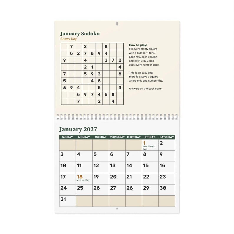 Large Print 2027 Sudoku Wall Calendar, Easy Puzzle Every Month image 2