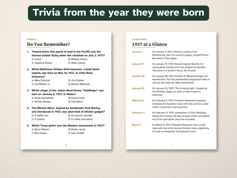 90th Birthday Gift, Born in 1937 Nostalgia Trivia Book, Large Print Puzzles image 2