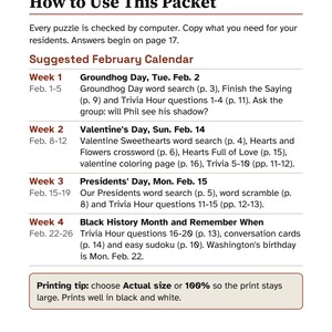 May include: A printed activity guide titled For the Activity Director: How to Use This Packet. It features a February calendar with weekly activity suggestions including word searches, crosswords, and trivia for residents, plus a printing tip.