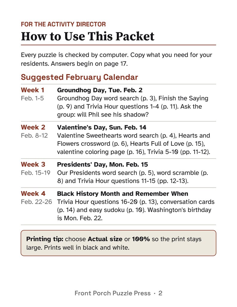 May include: A printed activity guide titled For the Activity Director: How to Use This Packet. It features a February calendar with weekly activity suggestions including word searches, crosswords, and trivia for residents, plus a printing tip.