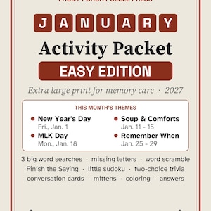 Eenvoudig activiteitenpakket voor januari voor mensen met geheugenproblemen, activiteiten in grote letters voor mensen met dementie, nieuwjaars- en winterpuzzels (pdf) afbeelding 1