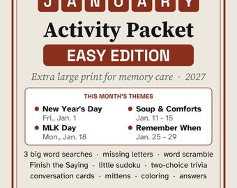 Easy January Activity Packet for Memory Care, Large Print Dementia Activities, New Year & Winter Puzzles PDF