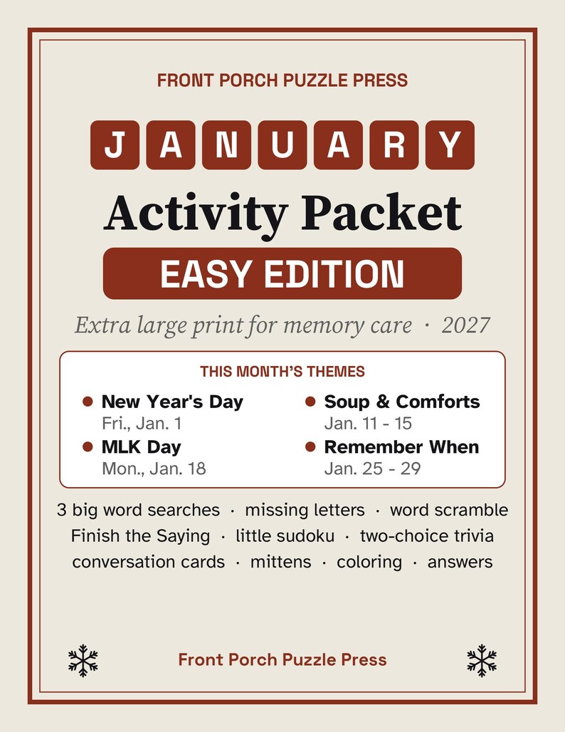 Eenvoudig activiteitenpakket voor januari voor mensen met geheugenproblemen, activiteiten in grote letters voor mensen met dementie, nieuwjaars- en winterpuzzels (pdf) afbeelding 1