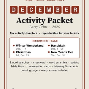 May include: A Front Porch Puzzle Press December Activity Packet for 2026 in large print. The document features themes including Winter Wonderland, Hanukkah, Christmas, and New Year's Eve, with word searches, crosswords, and trivia.