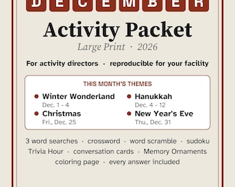Puede incluir: Un paquete de actividades de diciembre de 2026 de Front Porch Puzzle Press en letra grande. El documento incluye temas como Winter Wonderland, Hanukkah, Navidad y Nochevieja, con sopas de letras, crucigramas y trivia.