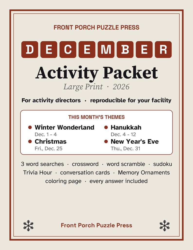 May include: A Front Porch Puzzle Press December Activity Packet for 2026 in large print. The document features themes including Winter Wonderland, Hanukkah, Christmas, and New Year's Eve, with word searches, crosswords, and trivia.