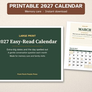 Printable 2027 Calendar for Dementia, Large Print, Memory Care
