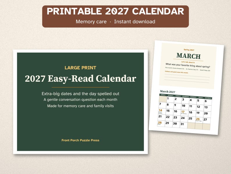 Printable 2027 Calendar for Dementia, Large Print, Memory Care image 1