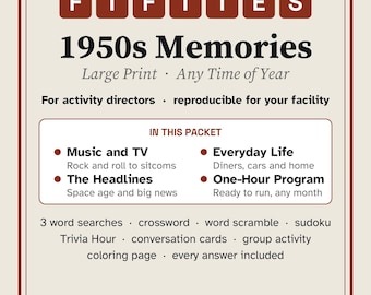Paquete de actividades en letra grande de los años 50 para personas mayores, preguntas y acertijos sobre los años cincuenta, actividades de reminiscencia para el cuidado de la memoria.