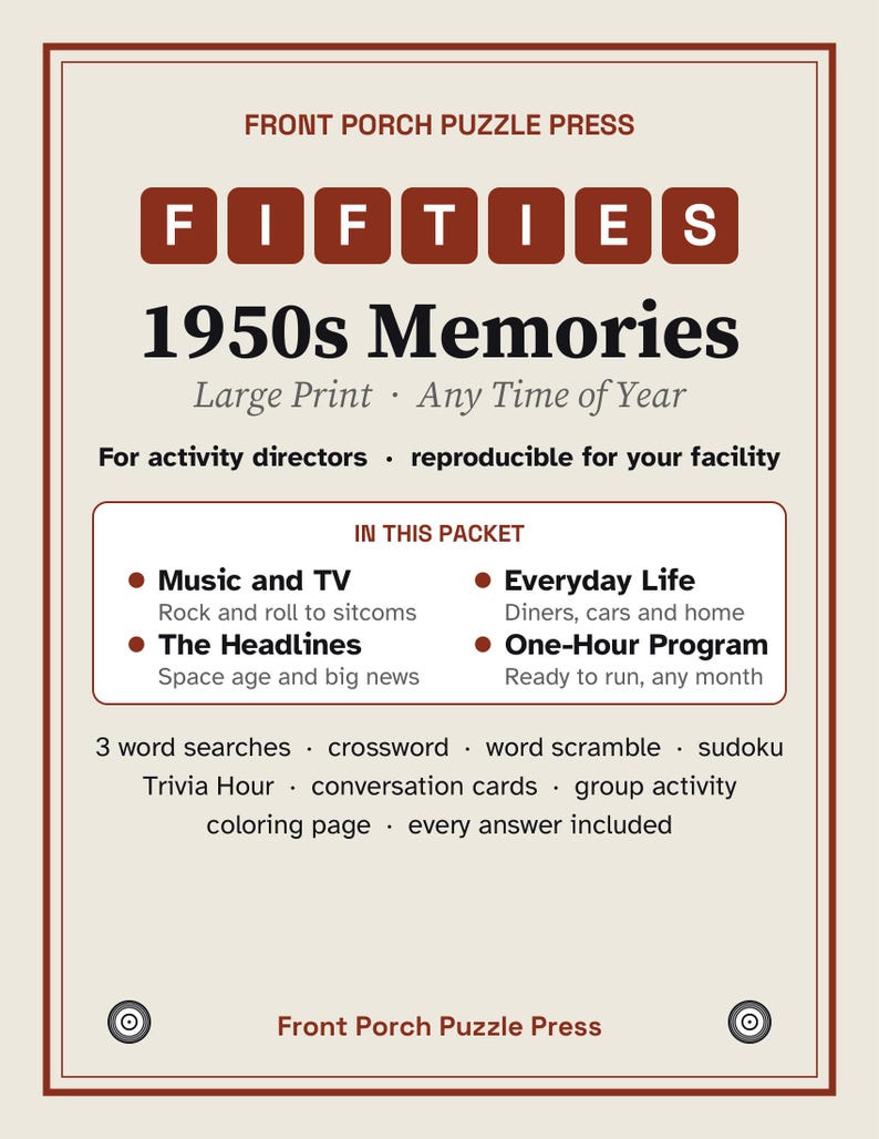 1950s Large Print Activity Packet for Seniors, Fifties Trivia & Puzzles, Memory Care Reminiscence image 1