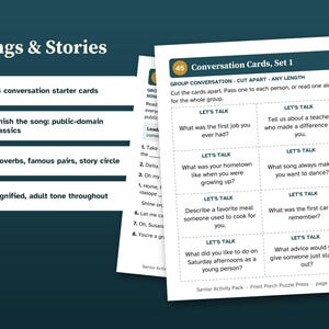 May include: A set of printable activity sheets titled Songs & Stories and Conversation Cards, Set 1. The pages feature lists of 24 conversation starter cards, public-domain song lyrics, proverbs, and prompts for group discussion with text.