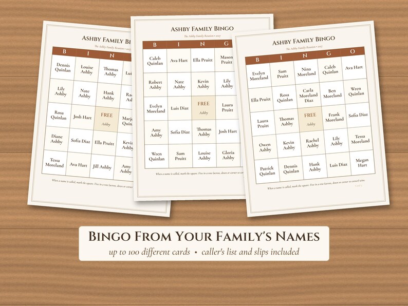 May include: Three white bingo cards titled Ashby Family Bingo with brown headers and a central free space. Each card features a grid of names. Below the cards, a rectangular label reads Bingo From Your Family's Names, up to 100 different cards, caller's list and slips included.