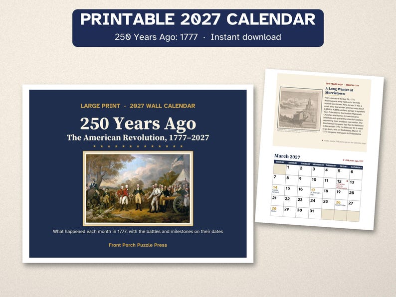 Printable 2027 Calendar, 250 Years Ago, American Revolution 1777 image 1