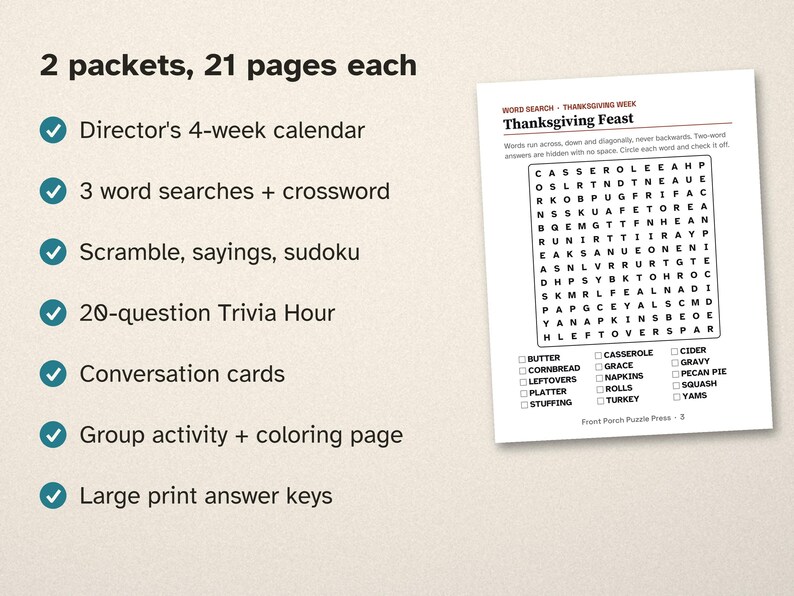 Holiday Large Print Activity Packets for Seniors, November and December Bundle, Thanksgiving & Christmas image 2