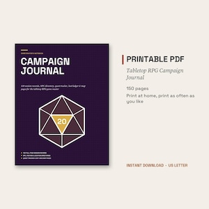 Op de afbeelding: Een donkerpaars tabletop RPG campagnejournaal met een witte omtrek van een 20-zijdige dobbelsteen met een gele driehoek en het getal 20. De tekst op de omslag luidt GAME MASTER'S NOTEBOOK, CAMPAIGN JOURNAL en bevat diverse sessiegegevens.