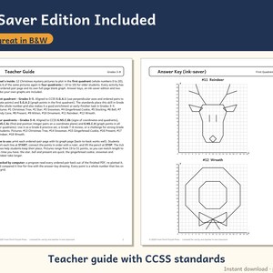Pu&ograve; includere: Un documento educativo di due pagine intitolato Ink-Saver Edition Included. La pagina sinistra &egrave; una guida per l'insegnante con standard CCSS, mentre la pagina destra &egrave; una chiave di risposta con disegni su piano cartesiano di una renna e una ghirlanda.