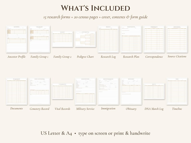 Genealogy Research Binder Printable, Fillable Family History Forms, US Census Forms 1790-1950, Family Group Sheet, Pedigree Chart imagen 2