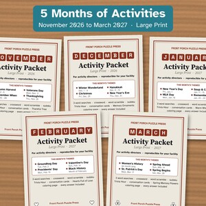 5 Months of Large Print Activity Packets for Seniors, November to March Bundle, Activity Director Puzzles image 1
