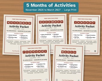 Paquetes de actividades con letra grande para adultos mayores (5 meses, de noviembre a marzo), incluye rompecabezas para directores de actividades.